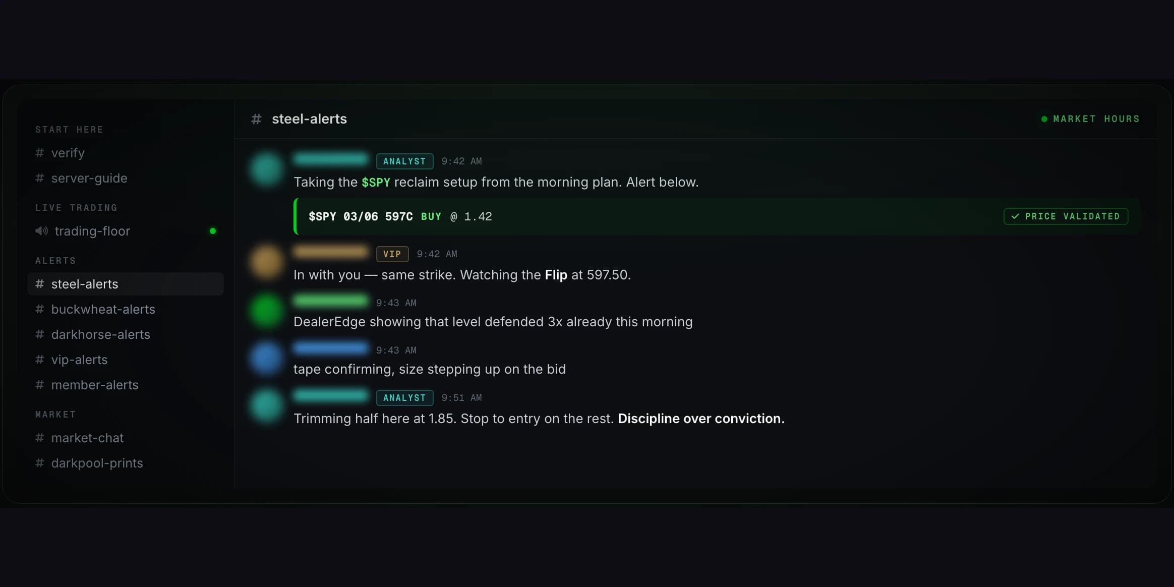 Trade Echo Discord community showing a price-validated analyst alert during market hours